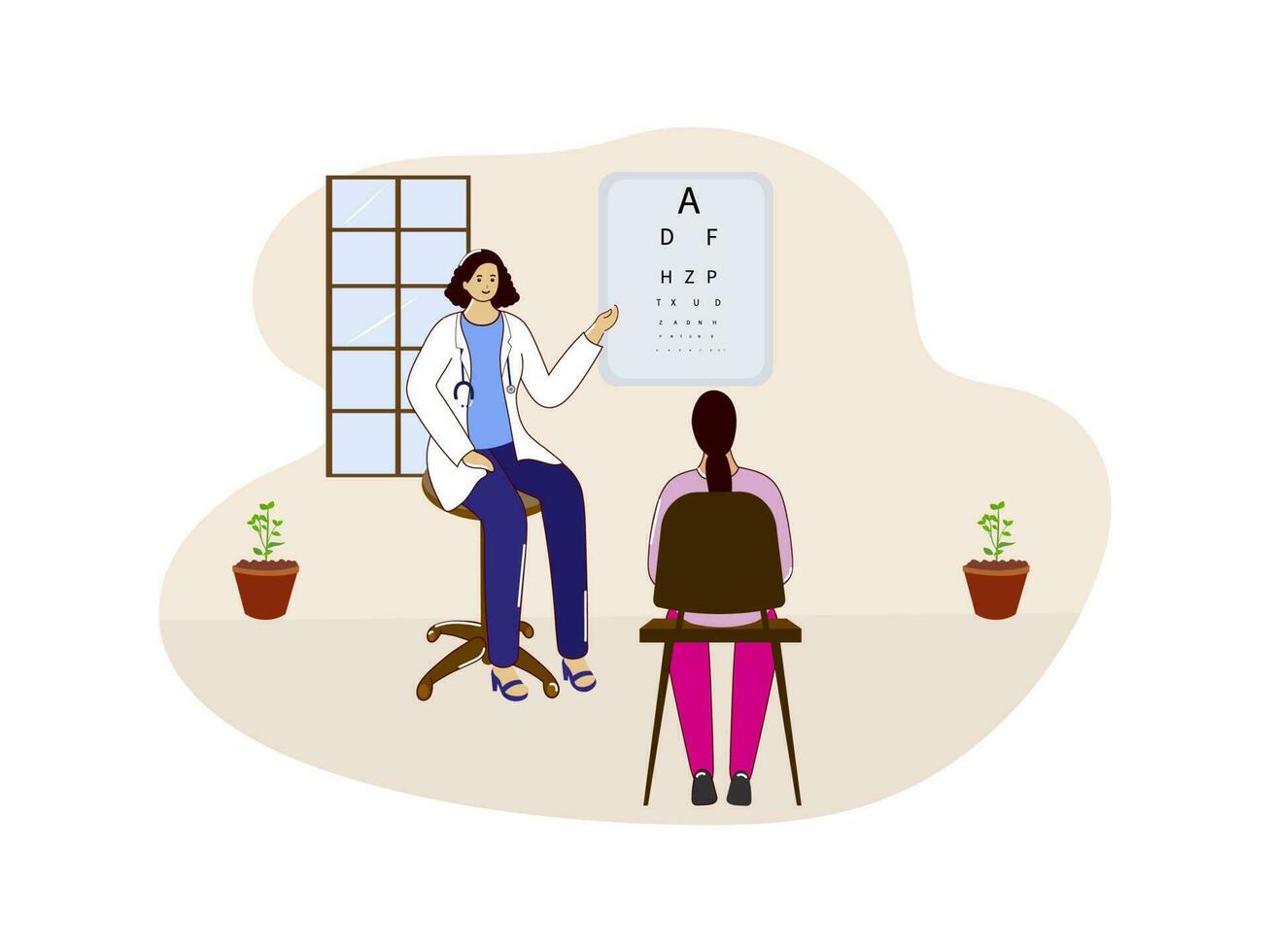 Vector Illustration Of Female Doctor Examining Eye Test Of Patient On Beige And White Background.