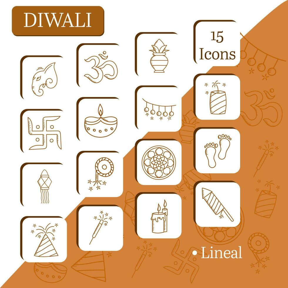 Isolated Diwali Lineal Icons Set Against Orange And White Background. vector