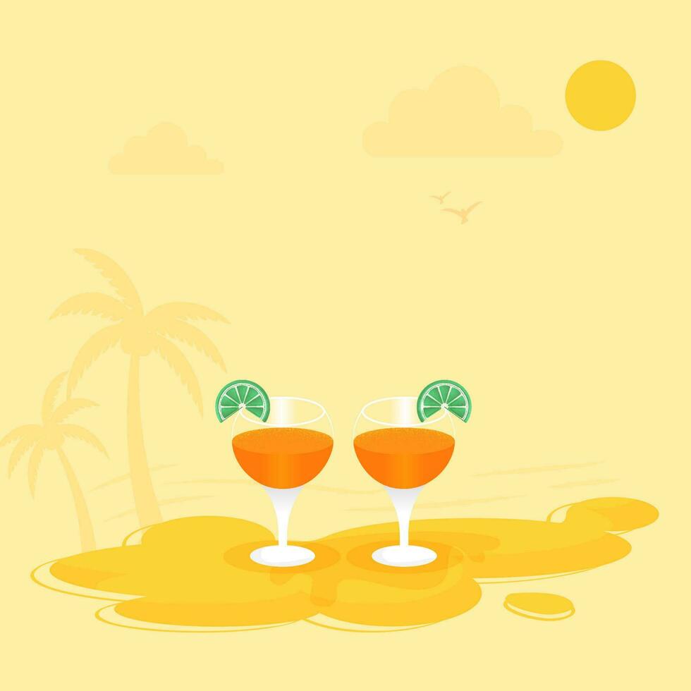 Vector Illustration Of Toast Cocktail Glass With Coconut Trees, Clouds, Sun On Yellow Background.