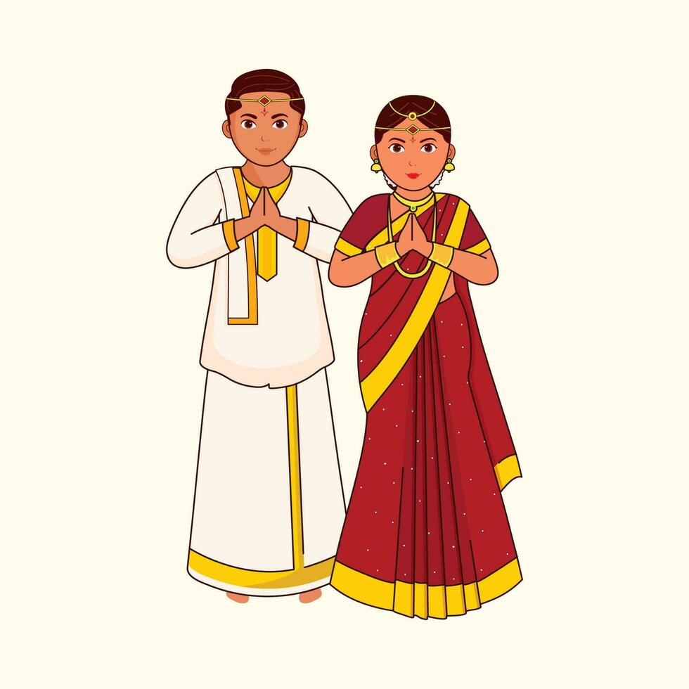 Telugu Wedding Couple Greeting Namaste In Traditional Dress On Cosmic Latte Background. vector