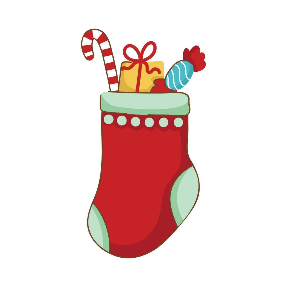 Flat Santa Sock Full Of Candy Cane With Gift Box, Toffee On White Background. vector