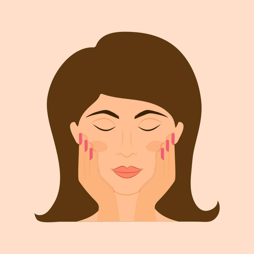 Beautiful Woman Touching Face With Nail Paint Hand Icon On Peach Background. vector
