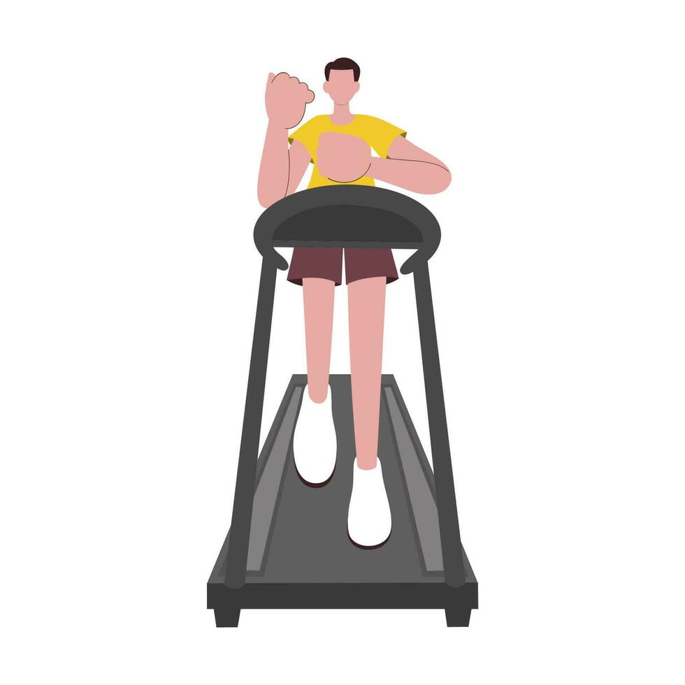 Faceless Young Man Walking On Treadmill Machine Against White Background. vector