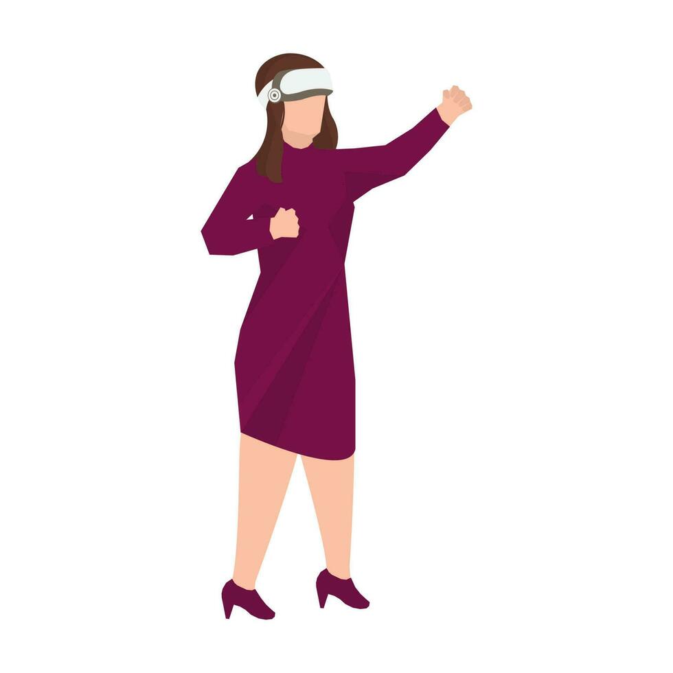 Modern Young Woman Wearing VR Headset With Clenched Fists Up Ready To Boxing On White Background. vector