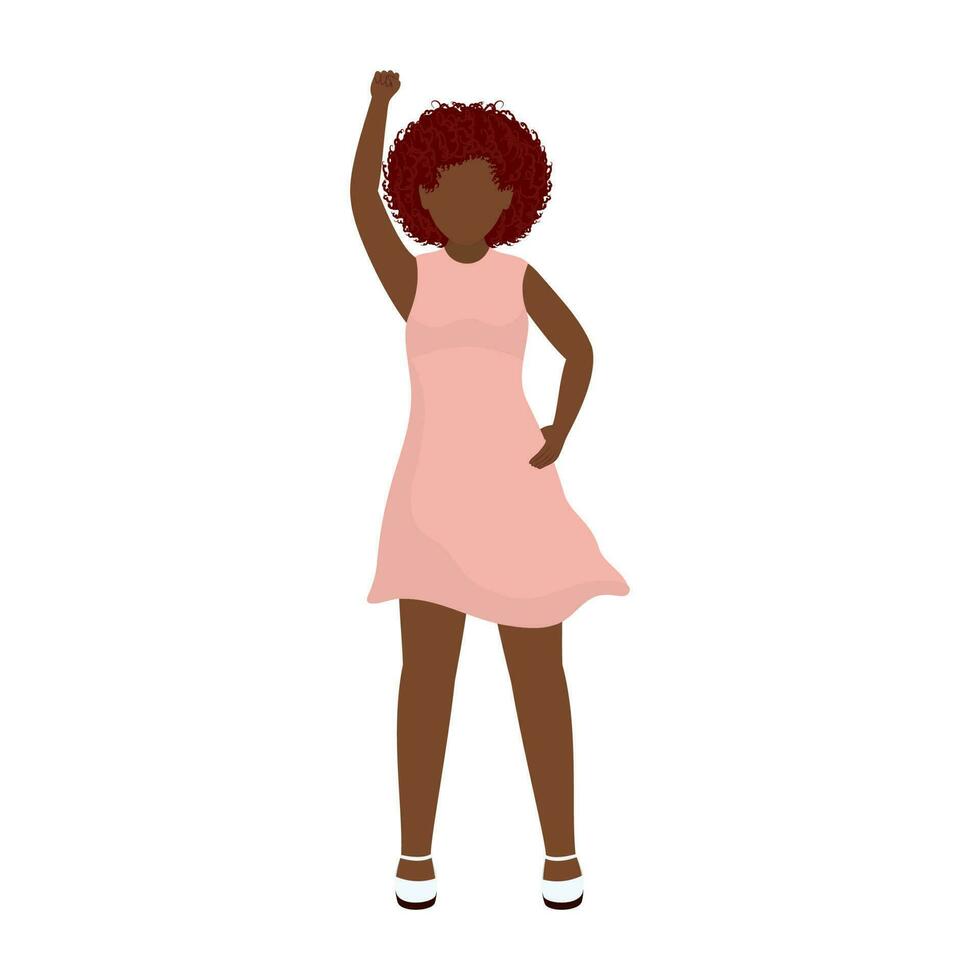 Faceless African Modern Young Girl Raising Fist Up In Standing Pose. vector