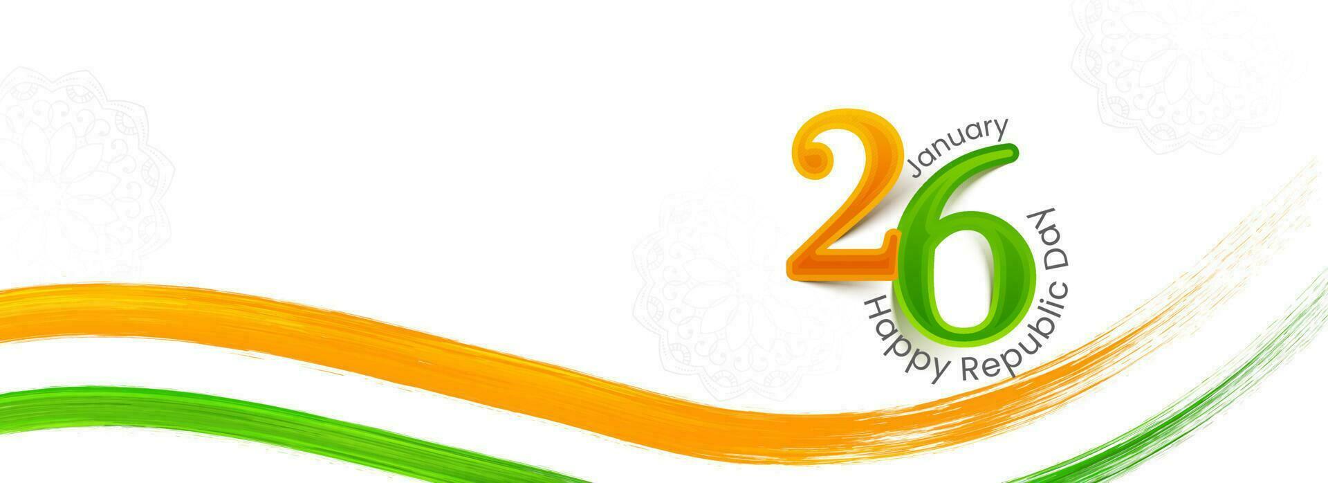 26 January Happy Republic Day Font With Tricolor Brush Stroke Wave Against White Background. vector
