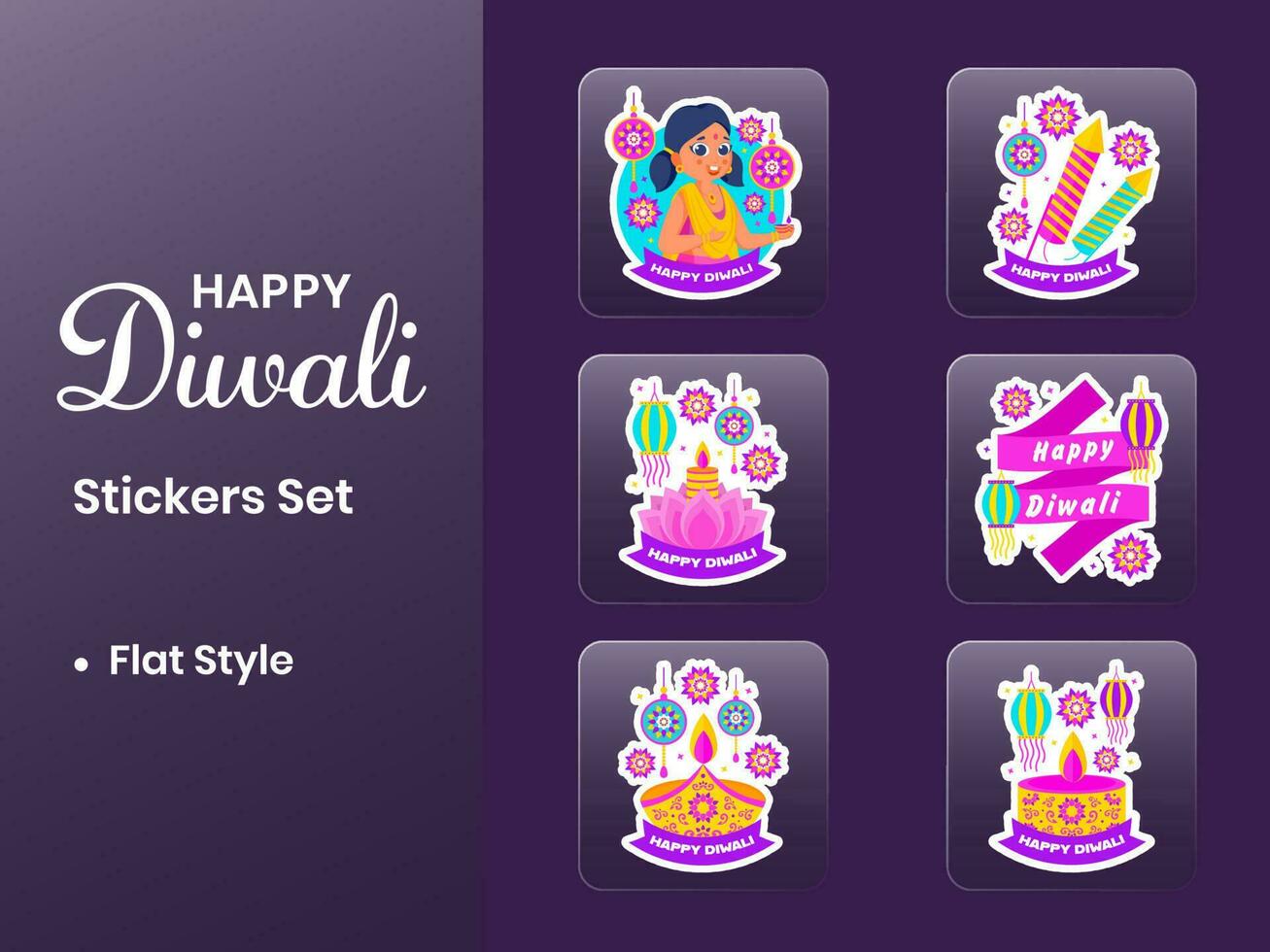 pegatina estilo contento diwali celebracion concepto conjunto en púrpura antecedentes. vector