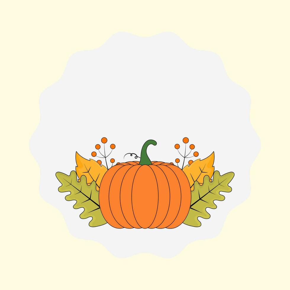 Flat Style Pumpkin With Berry And Autumn Leaves Decorative White Circle Frame Against Cosmic Latte Background. vector