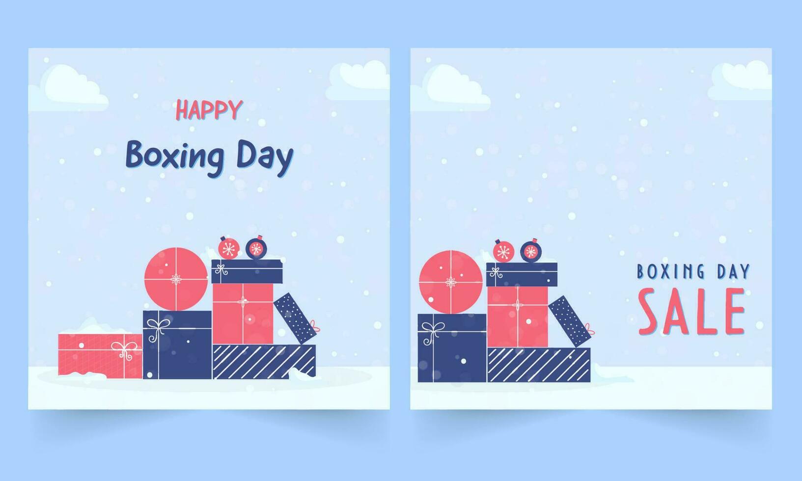 Social Media Boxing Day Post Or Template Set With Stack Of Gift Box On Pastel Blue Snow Falling Background. vector