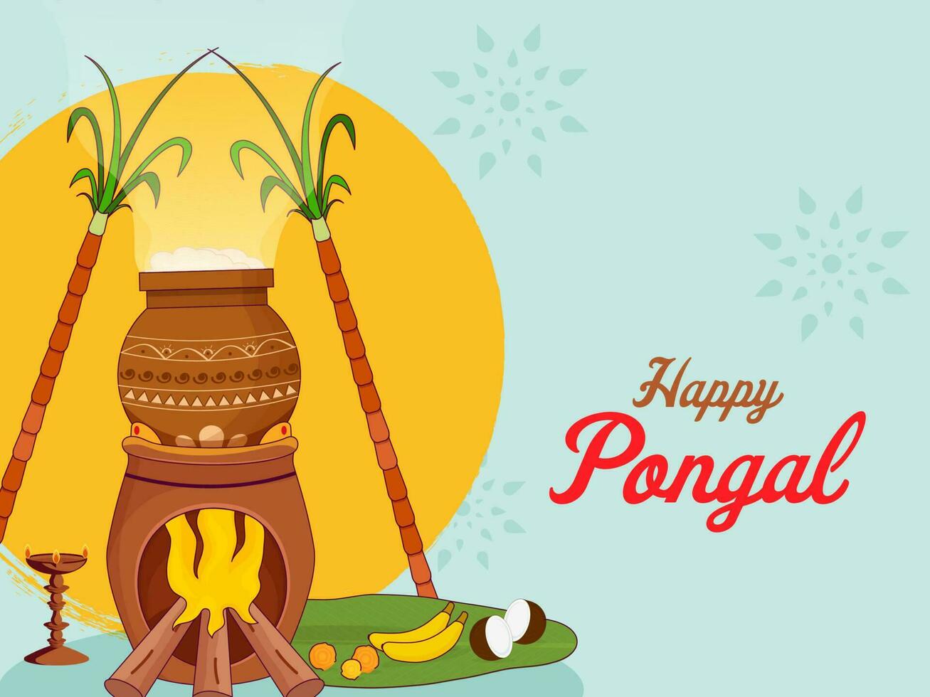 Happy Pongal Celebration Poster Design With Festival Elements On Orange And Light Turquoise Background. vector