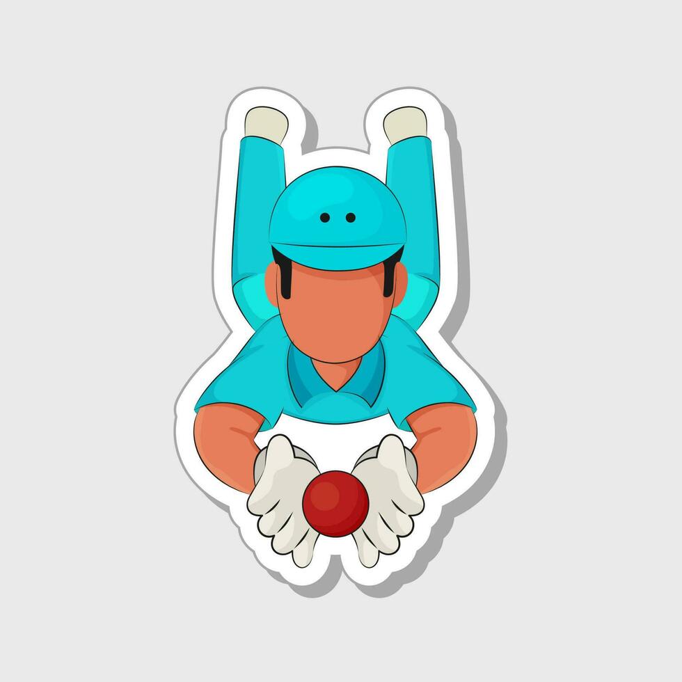 Sticker Style Faceless Cricketer Ball Catching In Laying Down Over Grey Background. vector
