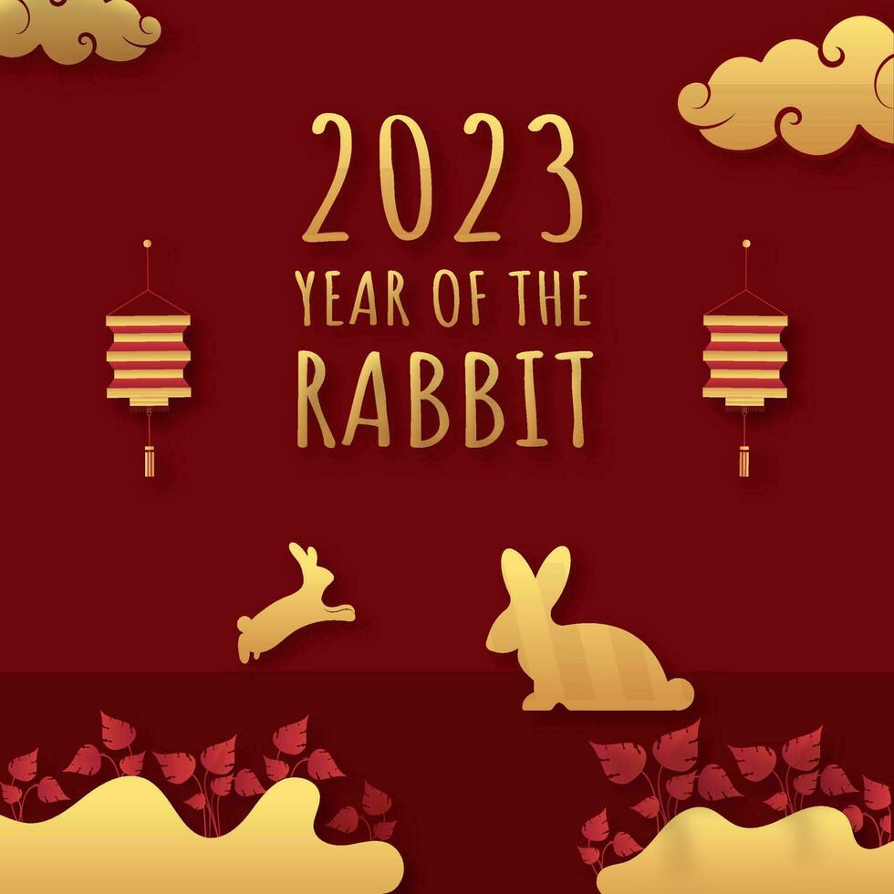Golden 2023 Year Of The Rabbit Font With Silhouette Bunnies, Lanterns Hang, Leaves And Clouds Decorated On Dark Red Background. vector