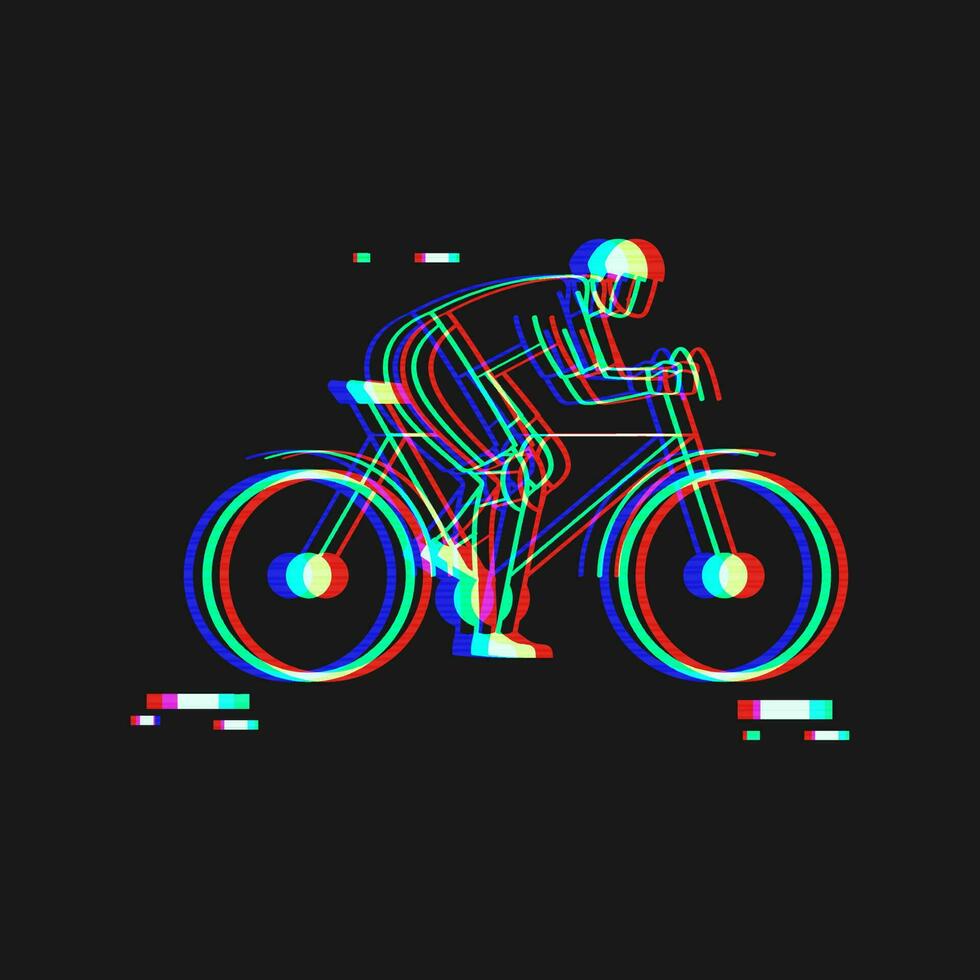 Glitch Style Man Riding Bicycle Against Black Background. vector