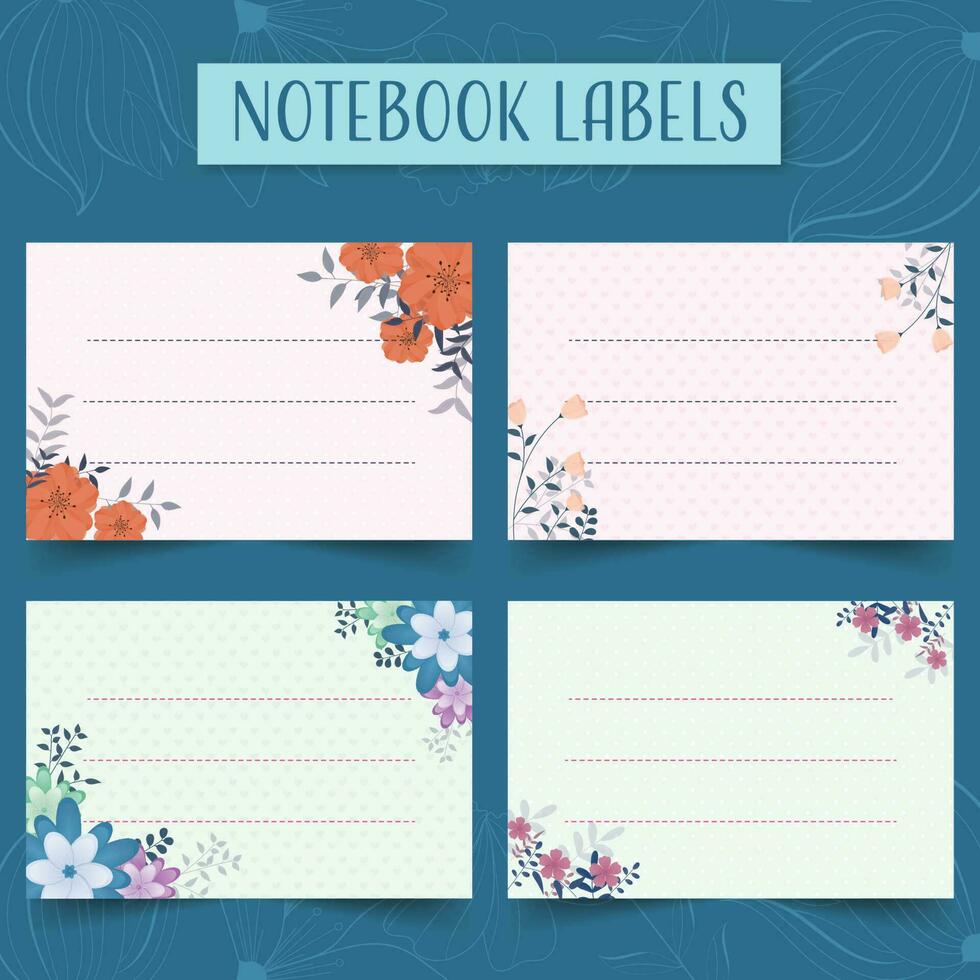 Flower With Leaves And Berry Stem Decorative Notebook Label Or Card Set On Teal Blue Background. vector