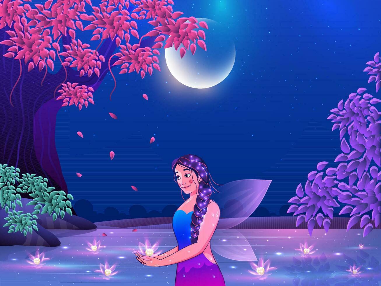 mágico bosque Luna antecedentes con hada niña participación loto flor en agua superficie. vector