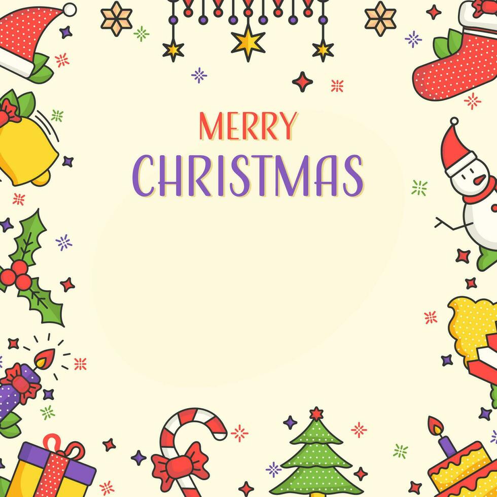 Merry Christmas Greeting Card Decorated With Festival Elements On White Background. vector