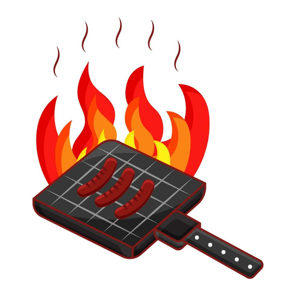 Sausage Roasted On Flaming Bbq Grill Over White Background. vector