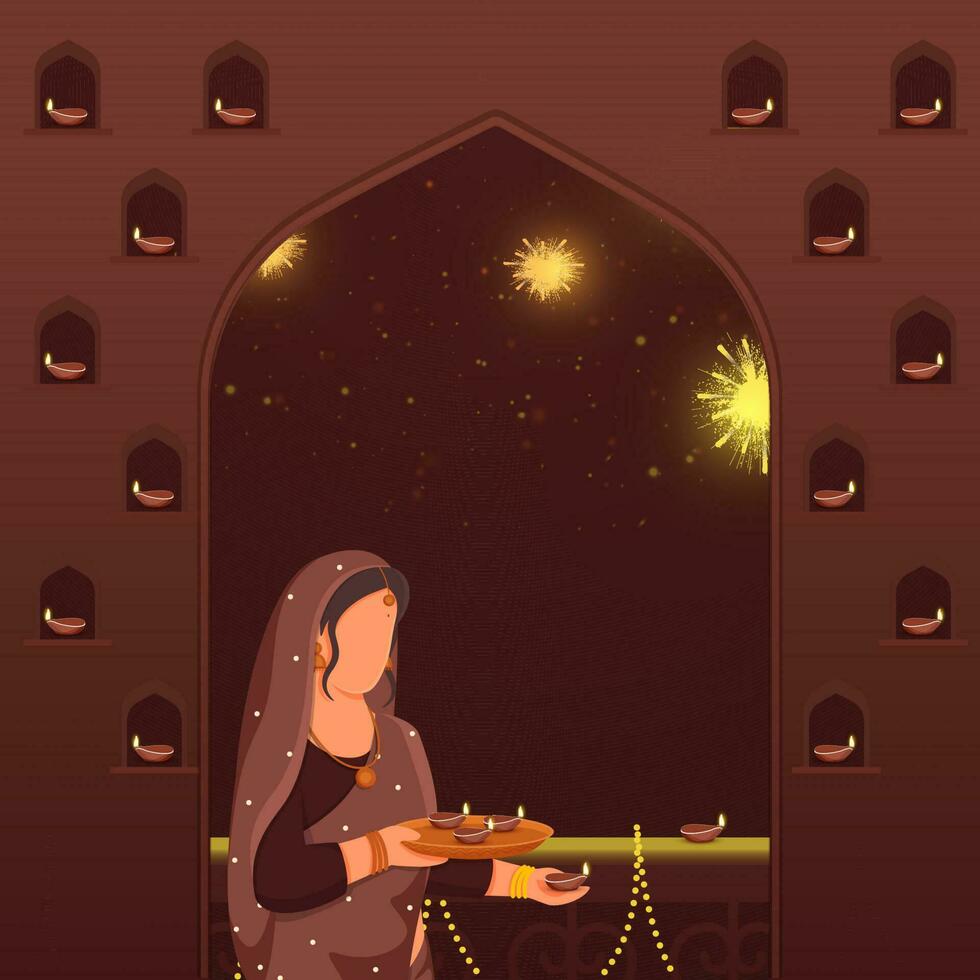 Faceless Indian Woman Decorated Balcony With Windows From Burning Oil Lamps On Brown Fireworks Background. vector