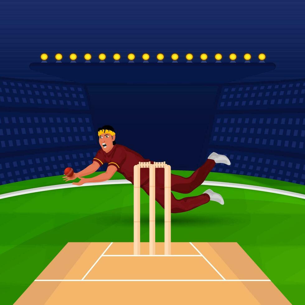 Cricket Player Or Bowler Catching The Ball On Pitch Background. vector