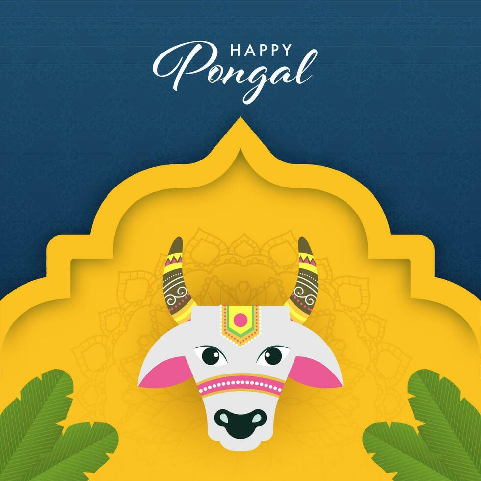 Happy Pongal Celebration Greeting Card With Bull Face, Banana Leaves On Blue And Chrome Yellow Mandala Pattern Background. vector