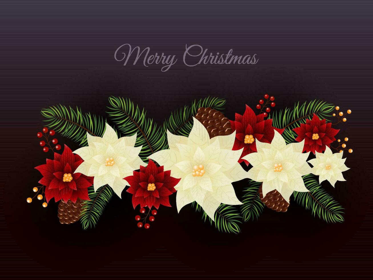 Merry Christmas Concept With Poinsettia Flowers, Fir Leaves, Pine Cones And Berries On Gradient Maroon Background. vector