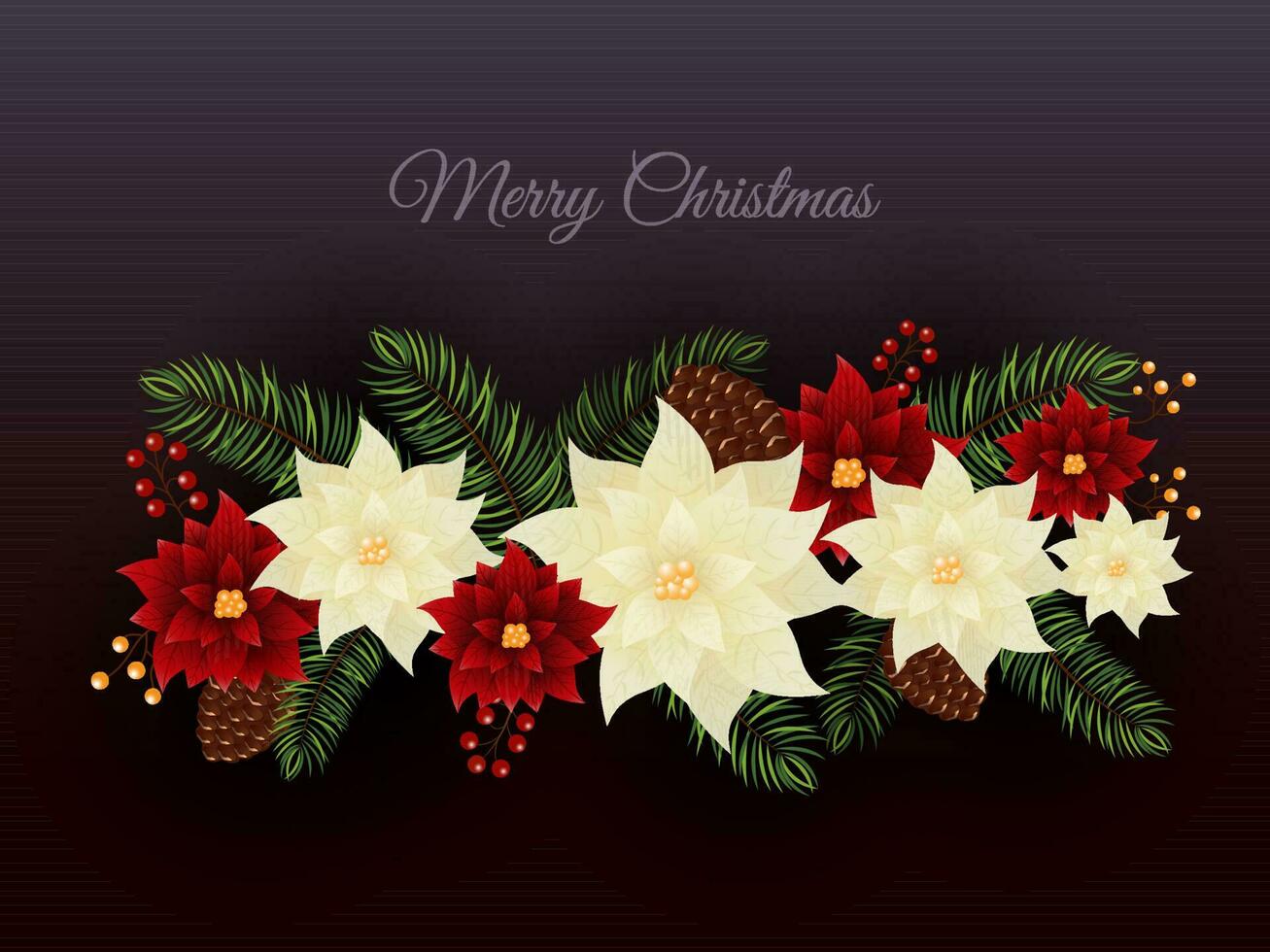 Merry Christmas Concept With Poinsettia Flowers, Fir Leaves, Pine Cones And Berries On Gradient Maroon Background. vector