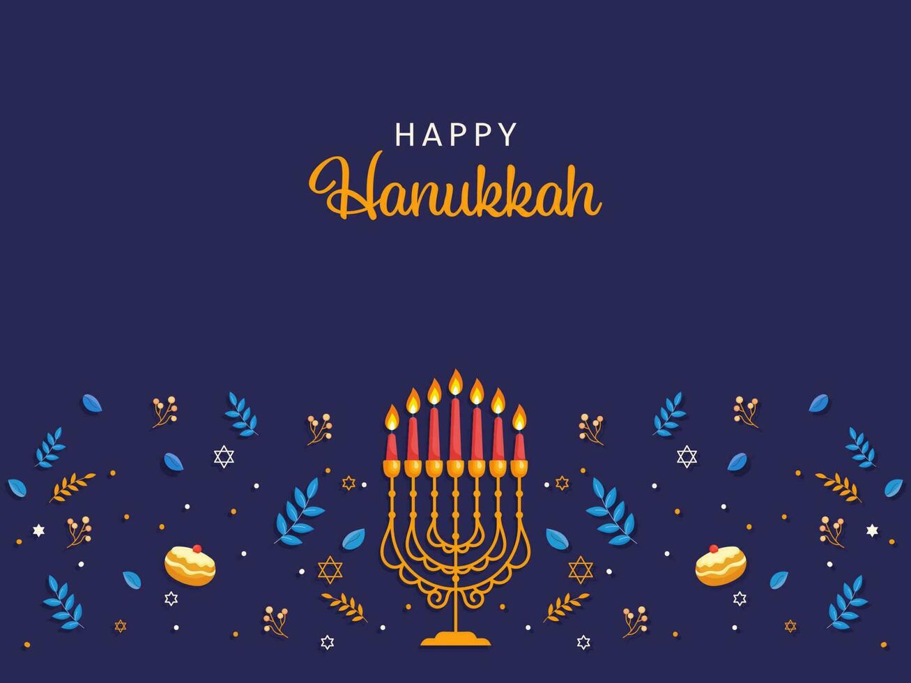 Happy Hanukkah Greeting Card With Illuminated Candelabra, Leaves, Berries, Stars Of David And Jelly Donut Decorated Blue Background. vector