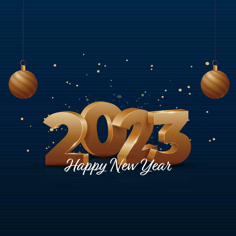 3D Golden 2023 Number With Hanging Baubles On Blue Background For Happy New Year Concept. vector