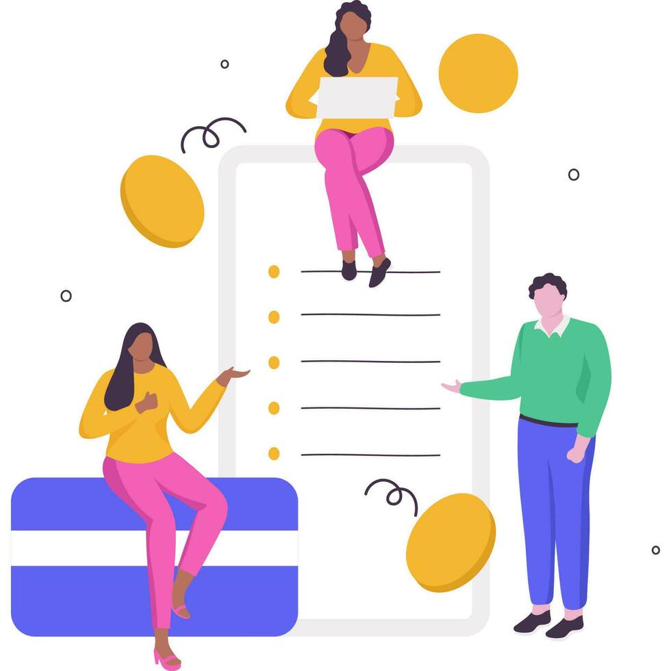 Vector Illustration Of Business People Or Employee Working Together At Workplace With Coins, Payment Card, Smartphone Screen On White Background.