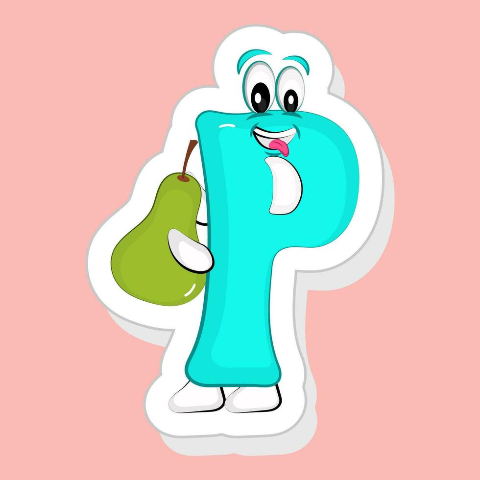 Sticker Style Blue P Alphabet Cartoon Holding Pear On Pink Background. vector