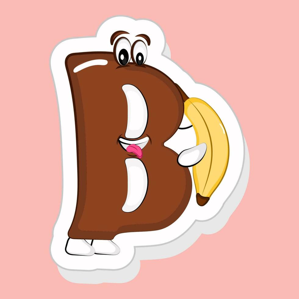 Sticker Style Brown B Alphabet Cartoon Character Holding Banana On Pink Background. vector