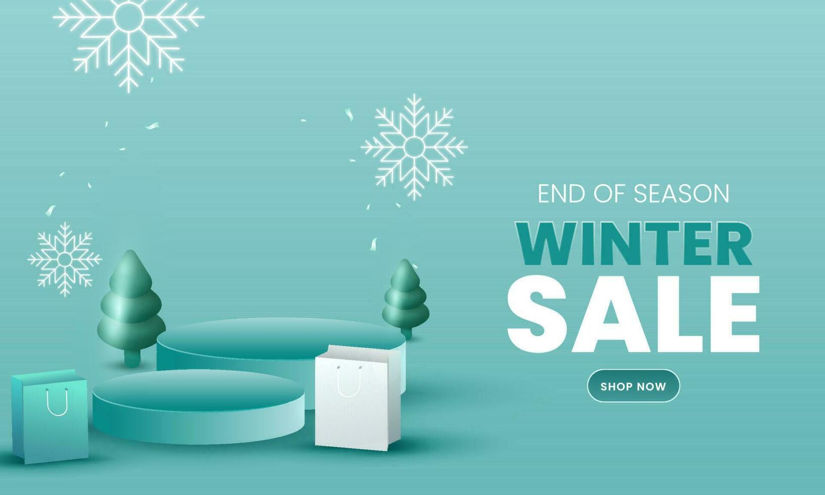 End Of Season Winter Sale Banner Design With Empty Podiums, Shopping Bags, Xmas Trees And Snowflakes On Teal Background. vector