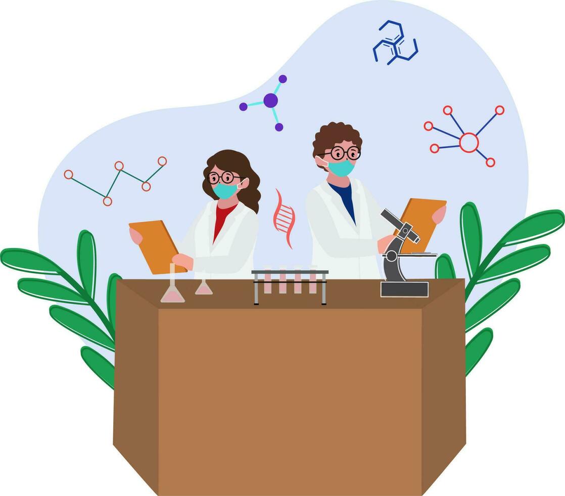 Scientists Or Chemists Wearing Mask And Look At Reports In Laboratory Illustration. vector
