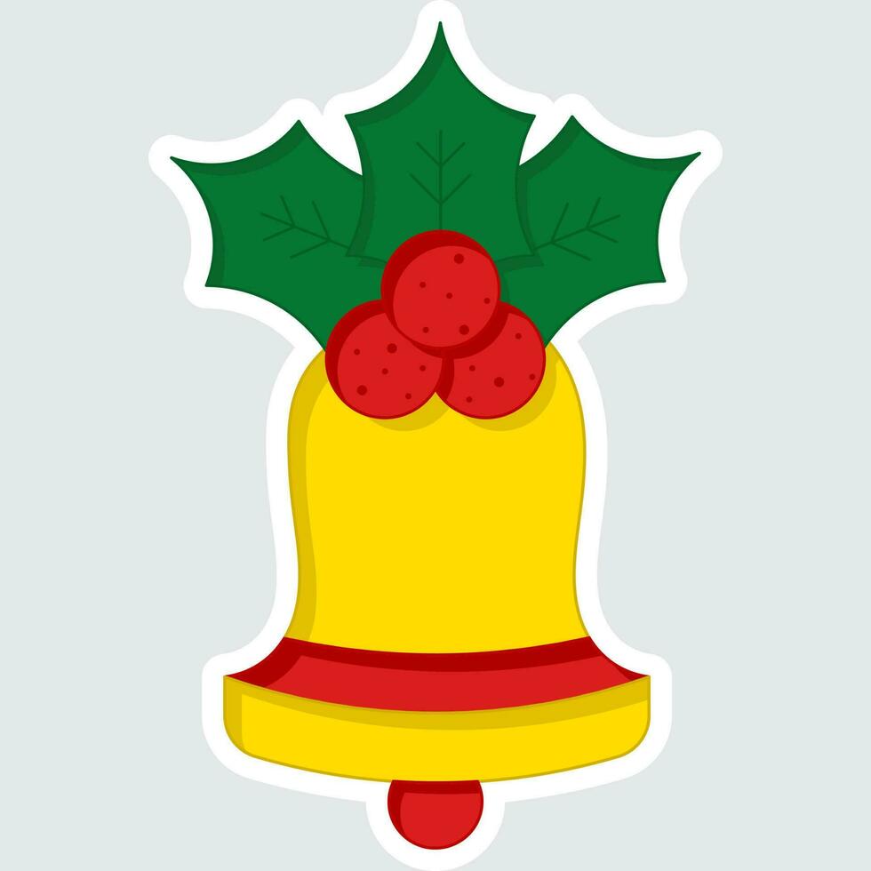 Illustration Of Decorative Jingle Bell With Holy Berry Leaves In Sticker Style On White Background. vector