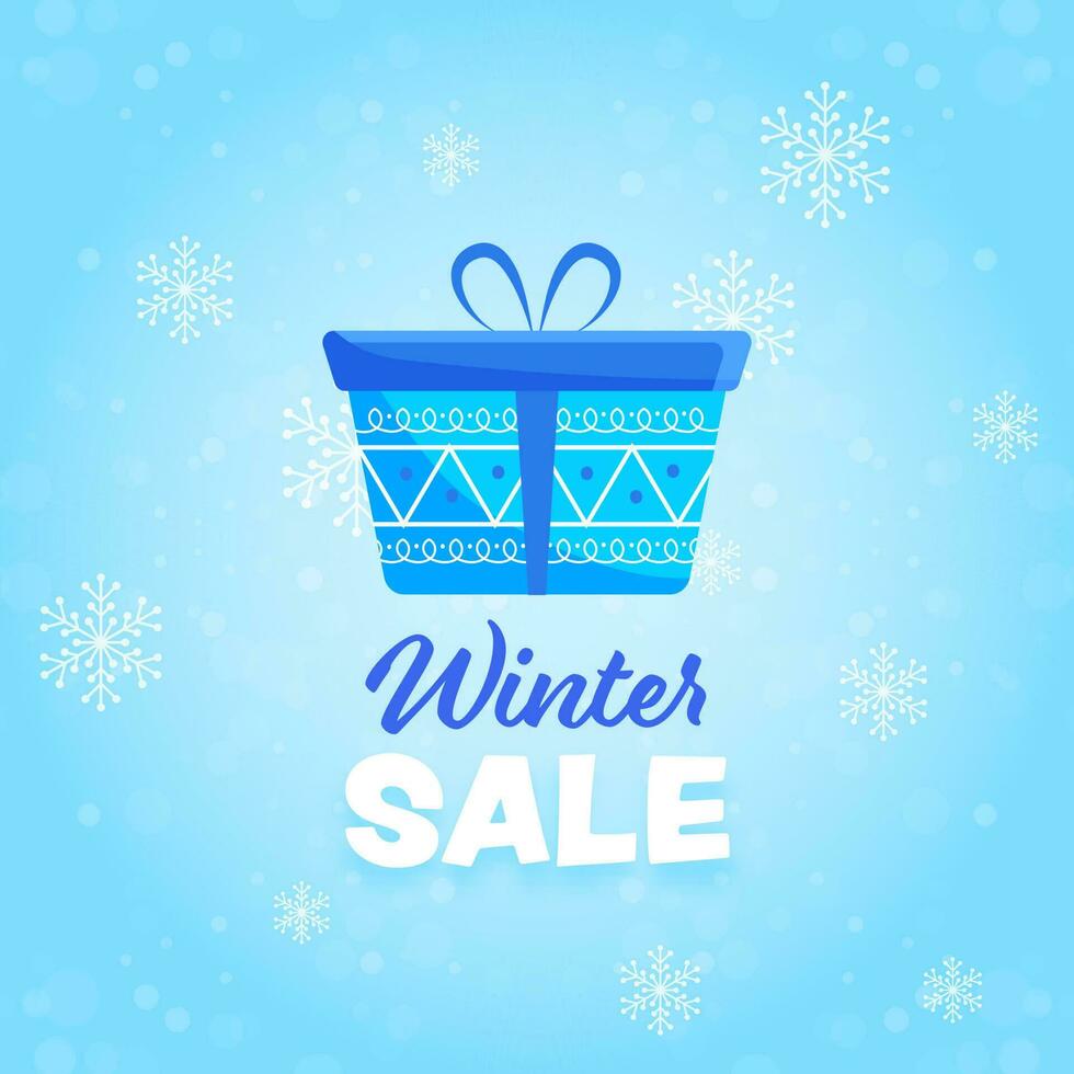 Winter Sale Poster Design With Gift Box And Snowflakes Decorated On Blue Bokeh Blur Background. vector