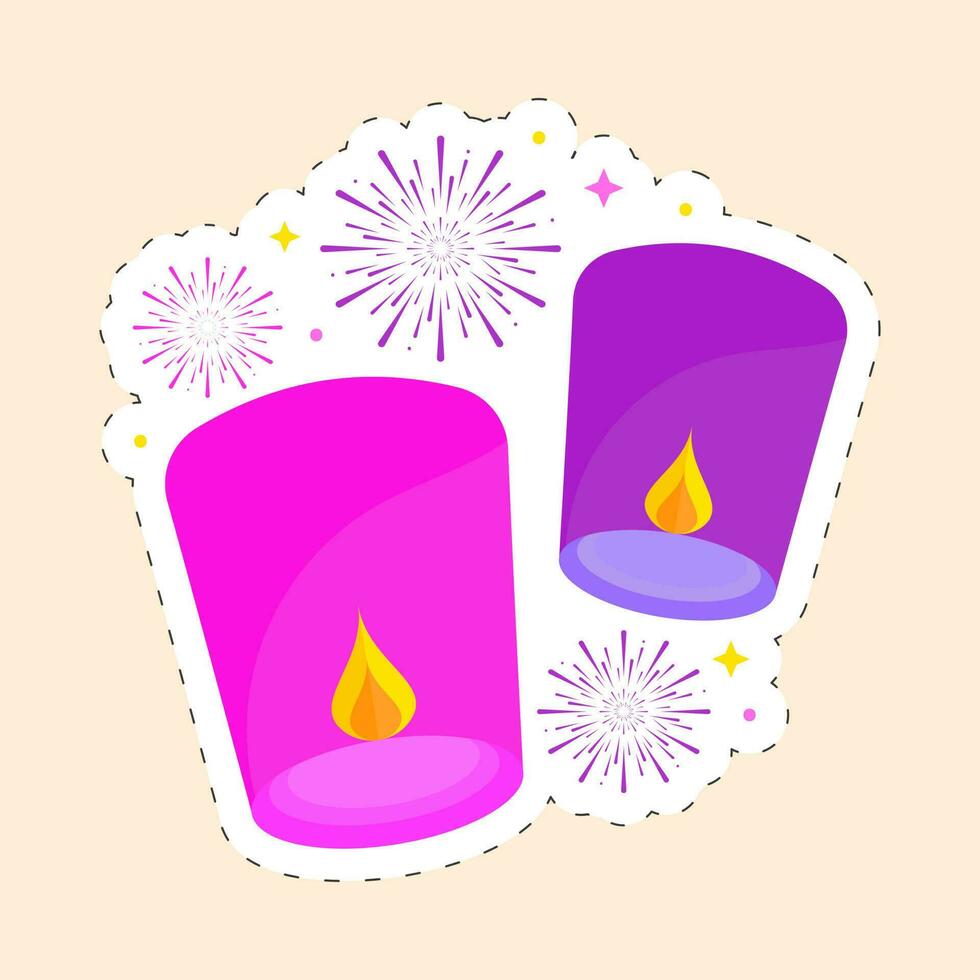 Flying Pink Burning Sky Lamp With Fireworks Background In Sticker Style. vector