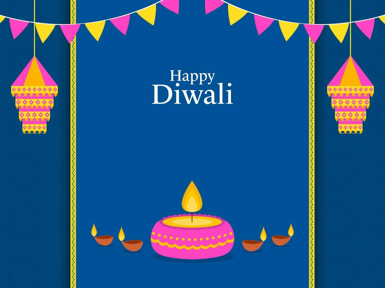 contento diwali celebracion póster diseño con iluminado petróleo lámparas, tradicional linternas y verderón banderas en azul antecedentes. vector