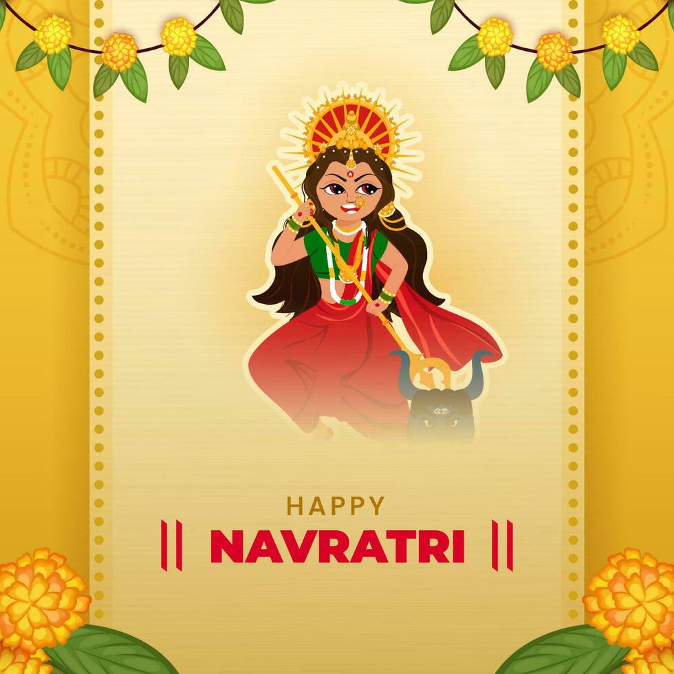 Happy Navratri Celebration Greeting Card With Sticker Style Goddess Durga Maa Killing Mahishasura Demon And Marigold Flowers, Mango Leaves On Yellow Background. vector