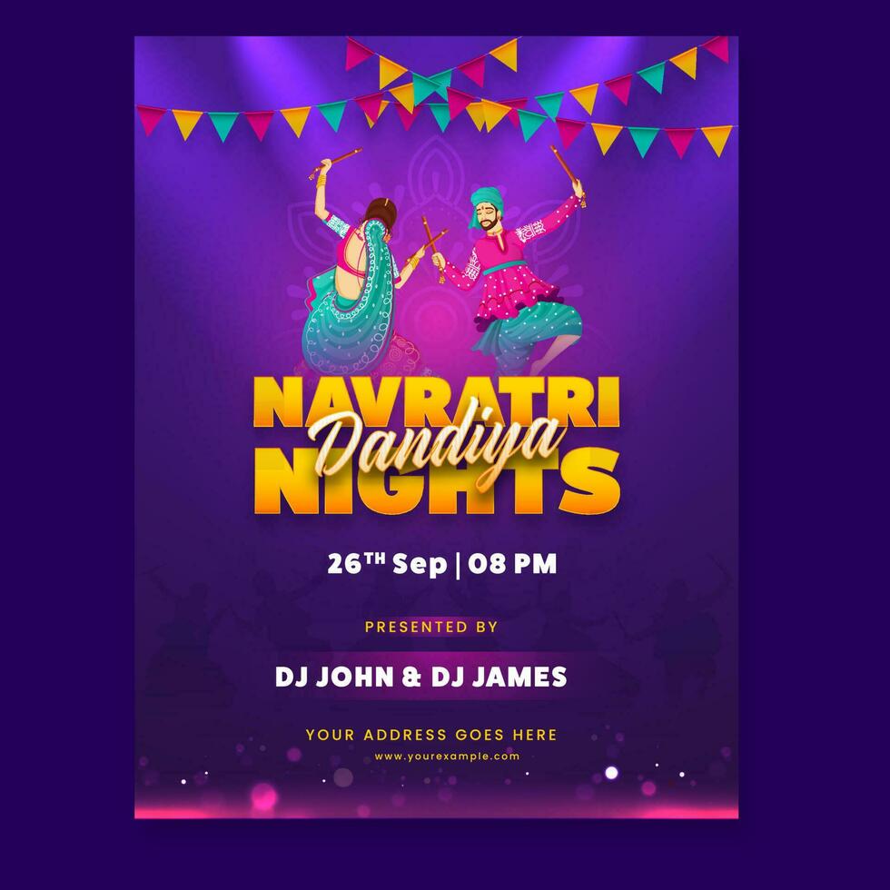 Navratri Dandiya Nights Party Invitation Card With Indian Couple Dancing And Event Details. vector