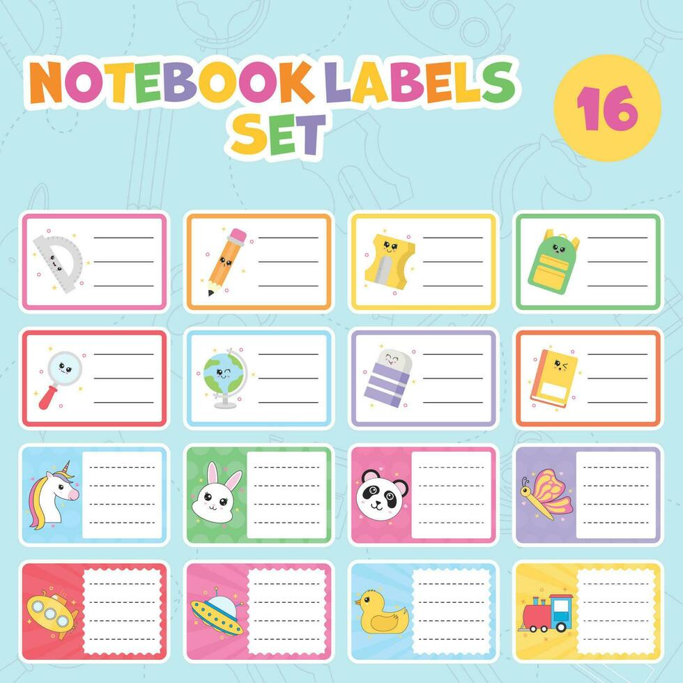 Cartoon Vehicle With Animal And School Supplies Element With Frame For Notebook Label Set On Blue Background. vector