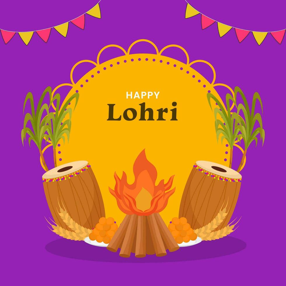 Happy Lohri Celebration Poster Design With Festival Elements And Orange Circular Frame On Purple Background. vector
