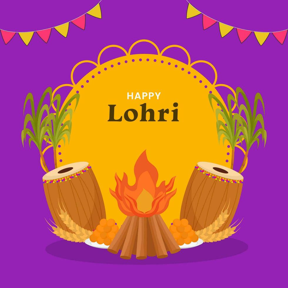 contento lohri celebracion póster diseño con festival elementos y naranja circular marco en púrpura antecedentes. vector