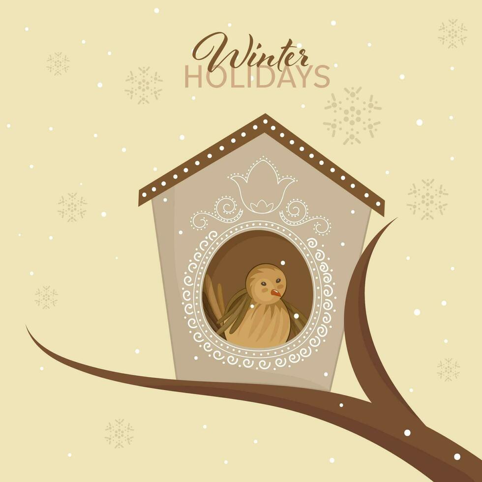 Winter Holidays Poster Design With Bird Inside House Over Tree Branch On Pastel Yellow Snow Falling Background. vector