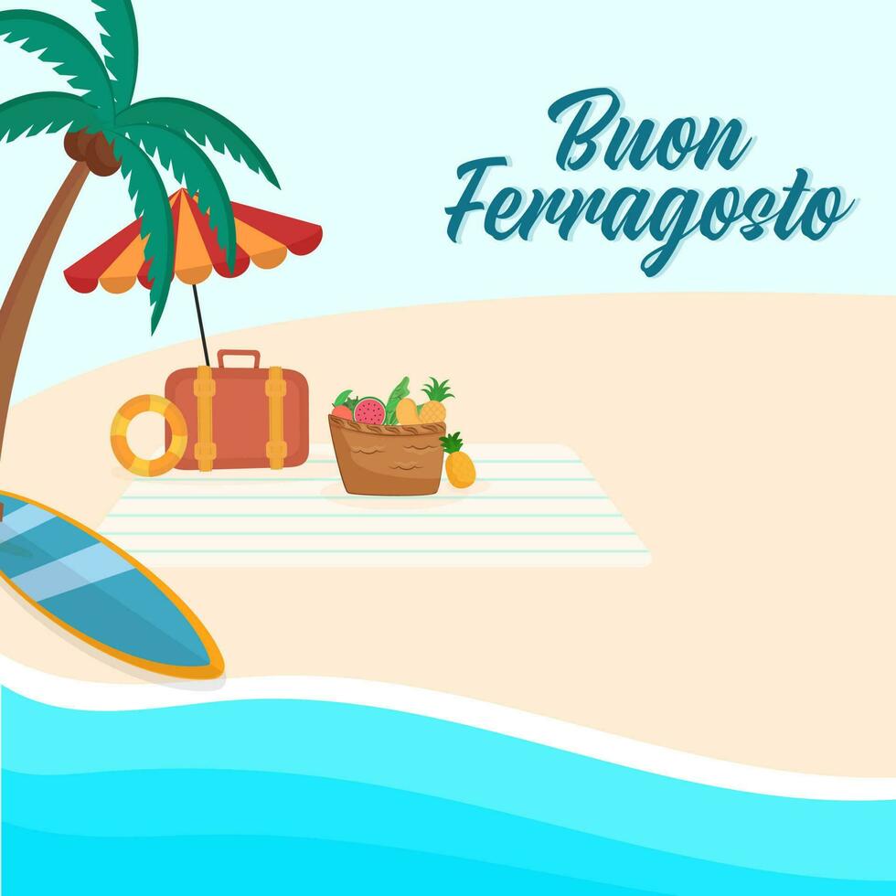 Buon Ferragosto Poster Design With Coconut Tree, Surfboard, Briefcase And Fruit Basket On Beach Side Background. vector