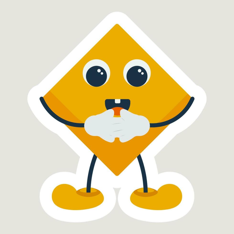 Sticker Style Of Cartoon Yellow Rhombus Standing With Hand Close Over Grey Background. vector