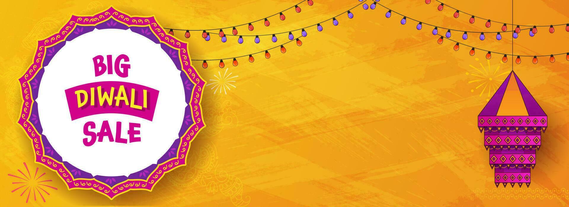 diwali grande rebaja bandera o encabezamiento diseño con tradicional linterna y Encendiendo guirnalda en cromo amarillo antecedentes. vector