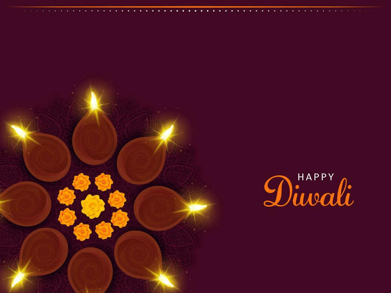 Happy Diwali Celebration Concept With Top View Of Burning Realistic Oil Lamps And Marigold Flowers Over Rangoli On Dark Pink Background. vector