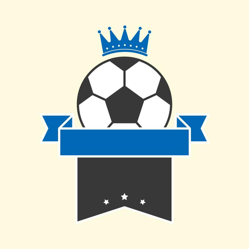 azul y negro cinta con fútbol pelota y corona en cósmico latté antecedentes. vector