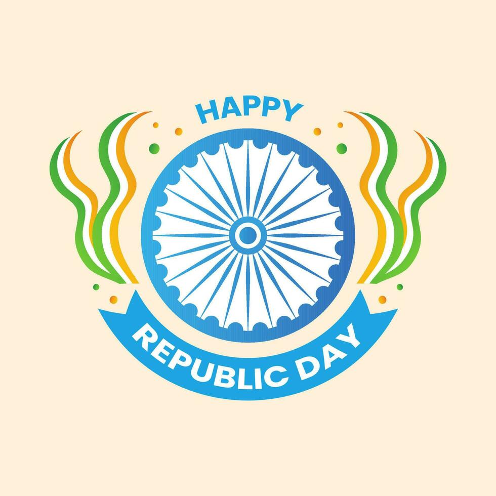 Happy Republic Day Text With Wavy Tricolor Ribbon And Ashoka Wheel Over Peach Background For Indian National Festival Celebration Concept. vector