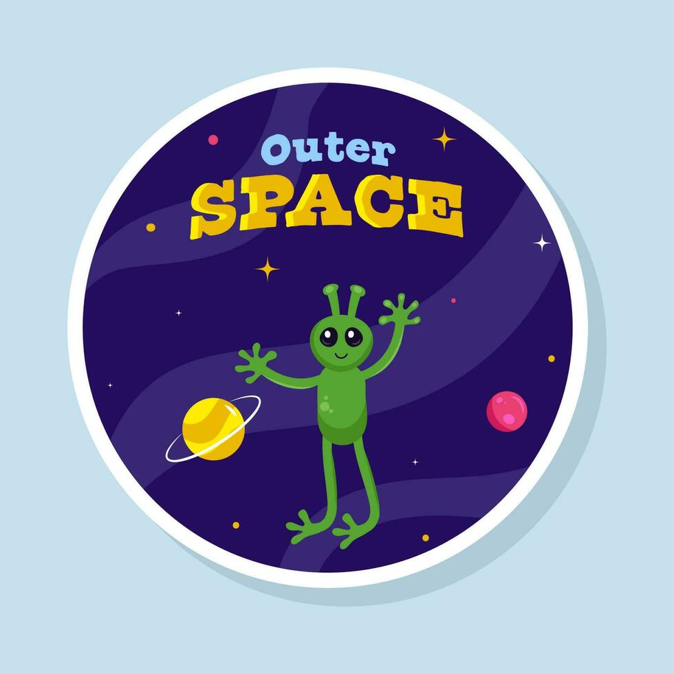 Sticker Style Outer Space Font With Cartoon Alien In Galaxy Blue Background. vector